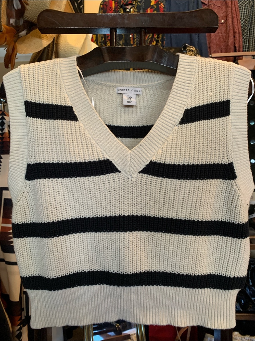 Sincerly Jules Cream and Black Striped V-Neck Sweater Vest